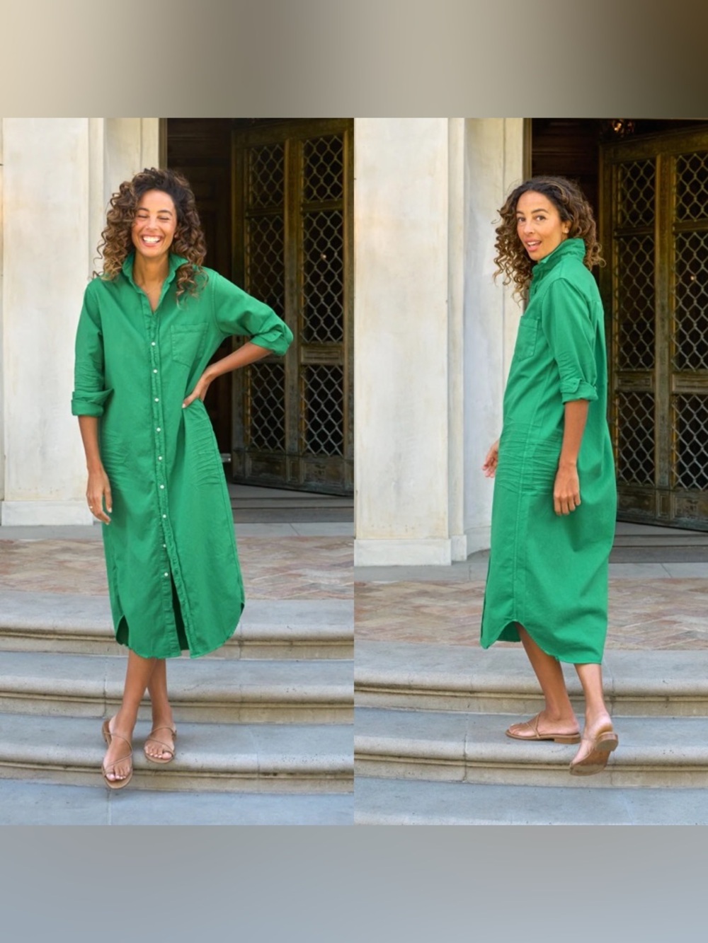 Frank & Eileen Rory Maxi Shirt Dress Cotton Kelly Green Button Down Large EUC - Picture 9 of 9